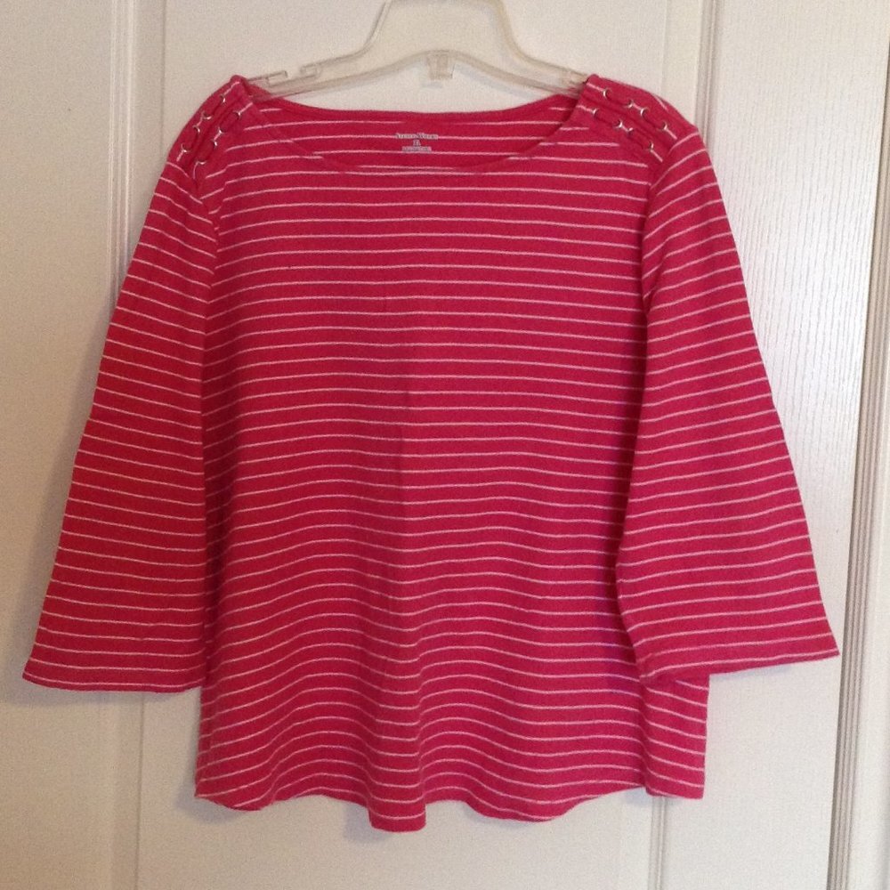 Studio Works Women's Size XL Pink Stripped Top 3/4 Sleeves Cotton